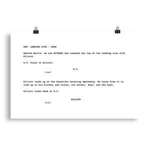 May include: A printed page featuring a movie script excerpt. The text includes scene directions and dialogue, with character names like E.T. and Elliott. The script is secured with two black binder clips.