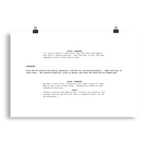 Puede incluir: Un póster impreso con texto de un guion, sujeto con dos clips negros. El texto incluye diálogos e indicaciones escénicas, con frases como "UNDERWATER" y "GILES / NARRATOR". El guion está en fuente negra sobre un fondo blanco.