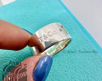 Tiffany & Co. 925 Silver Keyhole 2 Diamond Wide Band Ring Sz Tiffany & Co. 925 Silver Keyhole 2 Diamond Wide Band Ring Sz