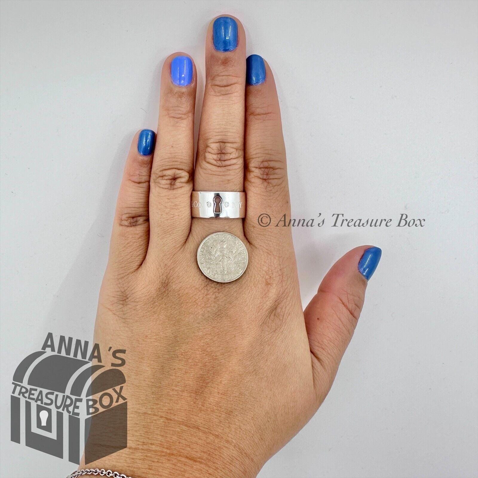 Tiffany & Co. 925 Silver Keyhole 2 Diamond Wide Band Ring Sz Tiffany & Co. 925 Silver Keyhole 2 Diamond Wide Band Ring Sz
