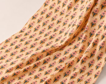 Hand Block Printed Cotton Fabric: Pink Floral Print Beige Dress Material