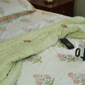 Hand Block Print Queen Quilt: Reversible Floral Cotton Blanket