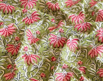 Hand Printed Cotton Muslin Fabric: Green Floral Bohemian Style