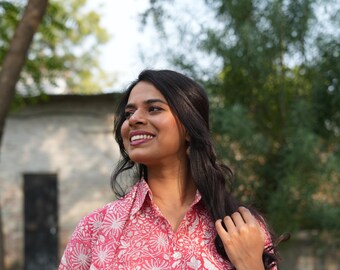 Cotton Floral Maxi Shirt Dress: Pink A-Line Tunic with Pockets