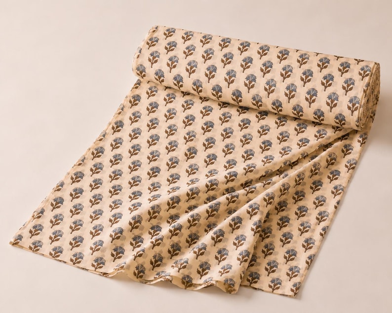 Floral Fabric, Hand Block Printed Cotton Fabric by Yard, upholstery fabric for curtains image 4