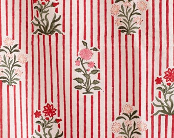 Red Striped Hand Block Printed Cotton Fabric: Retro Dressmaking Material