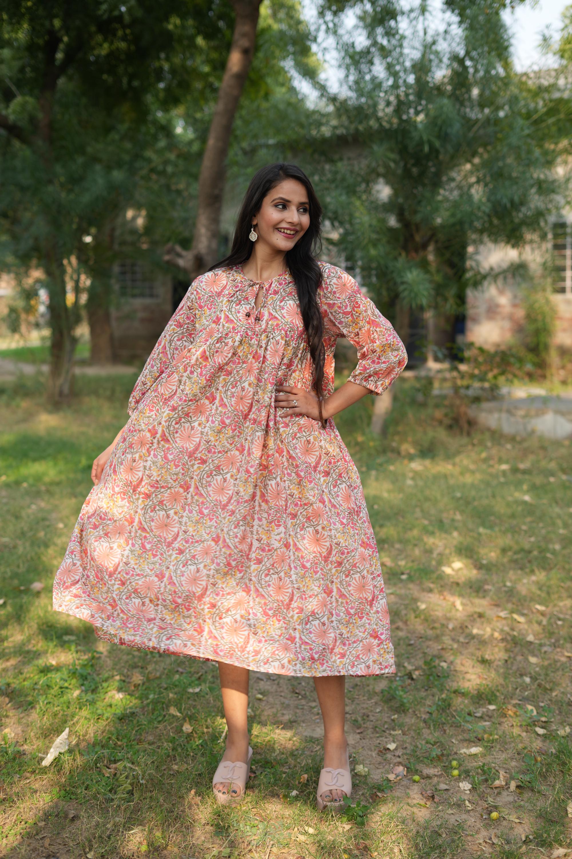 Hand Block Printed Cotton Dress: Loose Floral Summer Gown - Etsy