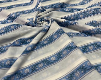 Blue and White Floral Stripe Fabric: Hand-Block Printed Soft Cotton