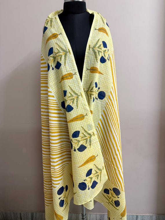 花柄ブロックプリントコットンサロン：サニーイエロービーチラップ