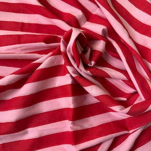 Red and Pink Striped Fabric, Indian hand block printed fabric for dress, soft cotton fabric for curtain, sheer fabric, retro style stripes
