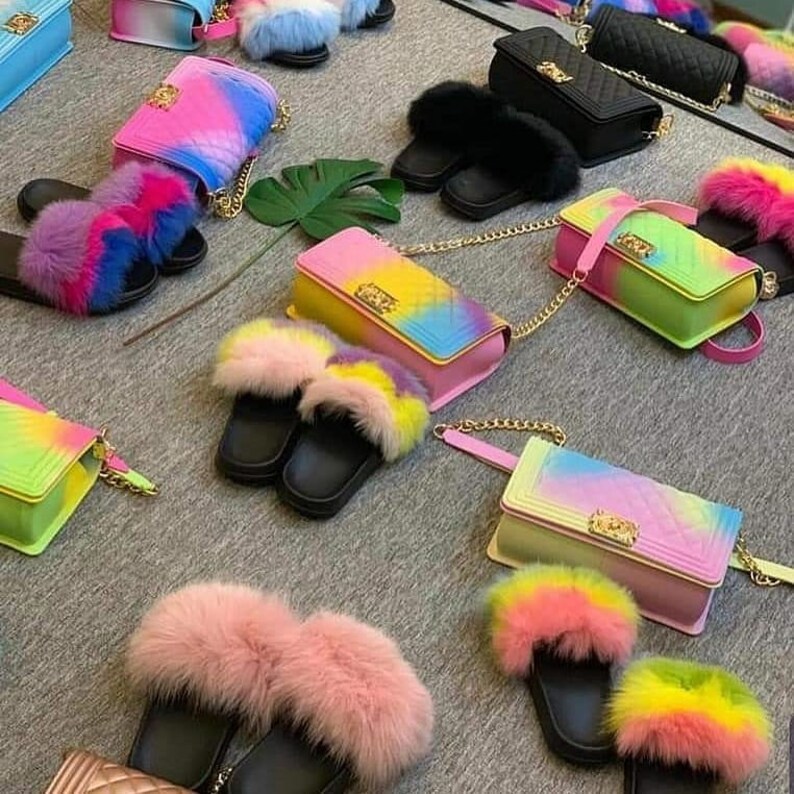 fur slides with matching purse vendor