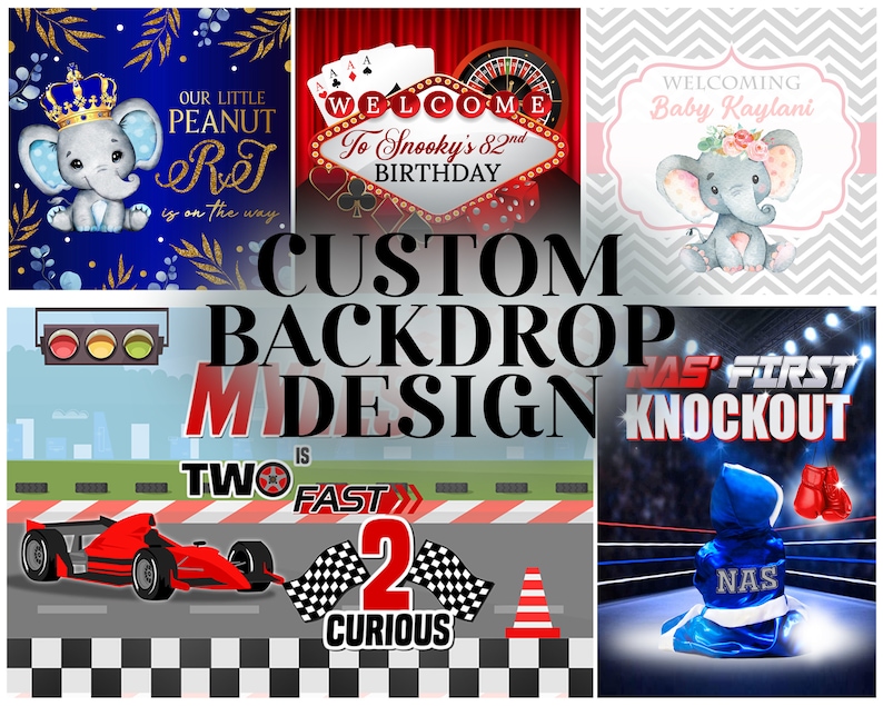 May include: A collage of six different custom backdrop designs. The top row features a blue background with a gold crown and elephant, a red background with a casino-themed sign, and a gray background with a pink and white elephant. The bottom row features a race car track with a red race car, a boxing ring with a blue boxer, and a blue background with a gold crown and elephant.