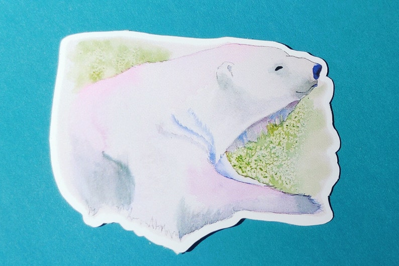 May include: A watercolor painting of a polar bear lying down on a green and white background. The bear is painted in shades of pink, white, and blue.
