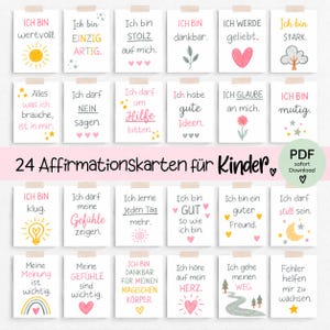 Könnte beinhalten: Ein Set aus 24 weißen Affirmationskarten für Kinder, jede mit einem einzigartigen deutschen Text und farbenfrohen, handgezeichneten Illustrationen wie Sonnen, Herzen, Sternen, Bäumen und Regenbögen. Der Text auf dem Bild lautet 24 Affirmationskarten für Kinder.