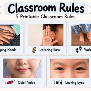 Może przedstawiać: Plakat z zasadami klasy do druku z tytułem Classroom Rules i 5 Printable Classroom Rules. Zawiera pięć paneli ze zdjęciami, ikonami i tekstem: Helping Hands z sercem, Listening Ears z uchem, Walking Feet ze śladami stóp, Quiet Voice z ustami i Looking Eyes z oczami.