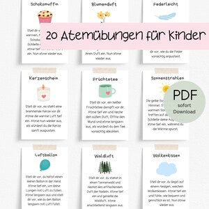 20 ejercicios de respiración (PDF) para que los niños los impriman ustedes mismos | Mentalidad de crecimiento | Atención plena | Ejercicios positivos y calmantes l A6