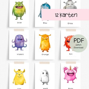 12 kleuren leerkaarten (PDF) voor kinderen (digitale download) l Montessorikaarten l Kleurenmonster 6 x 9 cm