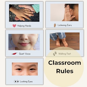 Op de afbeelding: Zes rechthoekige kaarten met afbeeldingen en tekst. De kaarten tonen afbeeldingen van handen, oren, een gezicht en voeten. Tekst omvat "Helping Hands", "Listening Ears", "Quiet Voice", "Walking Feet" en "Looking Eyes". De woorden "Classroom Rules" worden ook weergegeven.