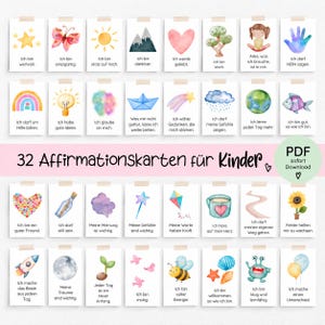 Pode incluir: Um conjunto de 32 cartões de afirmação retangulares para crianças, cada um com uma ilustração única em aguarela e uma frase em alemão. Os cartões estão dispostos em quatro filas, exibindo vários motivos como estrelas, animais, natureza e formas.