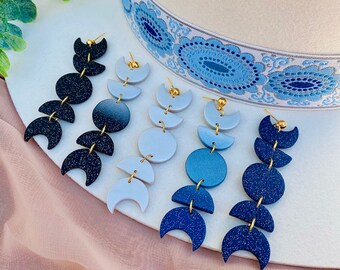 Lunar Moon Phases Long Dangle Polymer Clay Women’s Statement Gift Earrings
