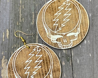 Stealie Skull and Lightning Bolt Grateful Dead Earrings Round Laser Cut Wood