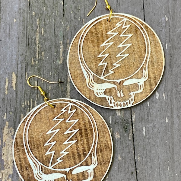 Stealie Skull and Lightning Bolt Grateful Dead Earrings Round Laser Cut Wood