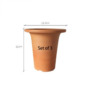 May include: Set of 3 terracotta plant pots, each measuring 11.4 cm in diameter and 11 cm in height.