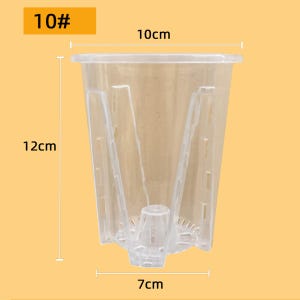 Peut inclure: Pot de plante en plastique transparent de forme évasée. Le pot mesure 12 cm de haut, 10 cm de large en haut et 7 cm à la base. Il comporte des supports verticaux et un trou de drainage. Le texte "10#" est en haut à gauche.