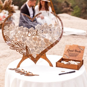 Alternativa del libro de visitas de la boda - madera, libro de visitas de la caja de la gota de la forma del corazón, decoración de la boda rústica personalizada, nuestro libro de visitas firma los regalos de boda