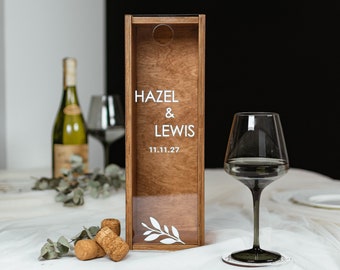 Rustic Wine Box With Personalized Name Unique Engagement Gift for Couple, Wooden Bottle Box, Wedding Shower Gift, Wine Cork Holder Box