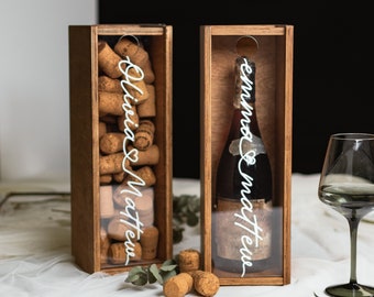 Unique Engagement Gift Wooden Wine Box, Champagne Bottle Holder, Box With Name On Acrylic Side, New Family Gift, Personalized Wedding Gift