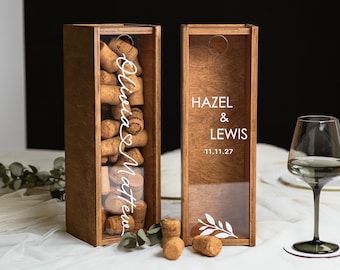 Wood Wine Box Engagement Gift for Couple, Wine Cork Holder Collector, Custom Champagne Holder, Wedding Gift for the Bride & Groom
