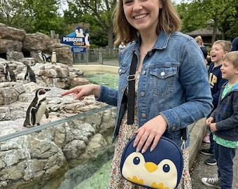 Handmade Faux Leather Penguin Purse: Blue, Yellow, Cream (10"x10"x3")