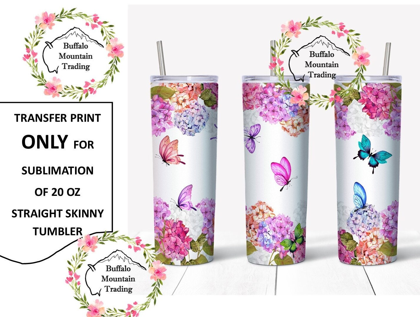 Sublimation Tumbler Transfer, Ready to Use, Hydrangeas, Butterflies