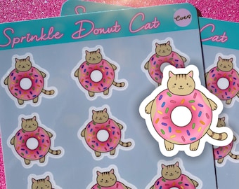 Sprinkle Donut Cat Sticker Sheet - Cute Brown Tabby Cat Stickers for Laptops - Stickers for Planners and Journals