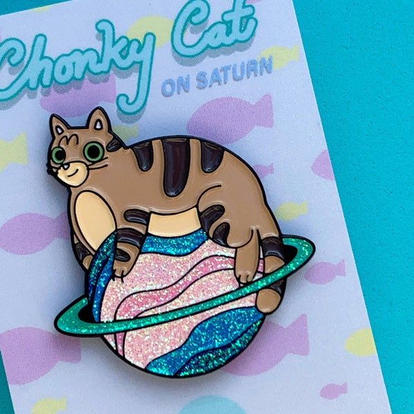 Cat Enamel Pin - Chonky Cat on Saturn - Tabby Cat Pin