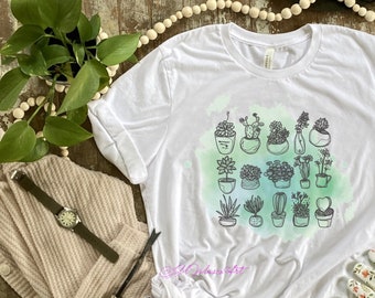 Watercolor Illustrated Succulents | Short-Sleeve Unisex T-Shirt | plant mom | plant parent | green thumb | house plant |