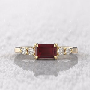 5 stone ring east west emerald cut ring 6x4mm ruby lab grown & 4 natural round diamond