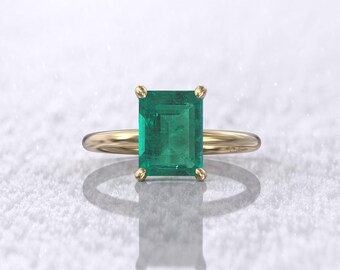 2CT Lab smaragd verlovingsring | 14 kt gouden solitaire, minimalistische geboortesteen mei