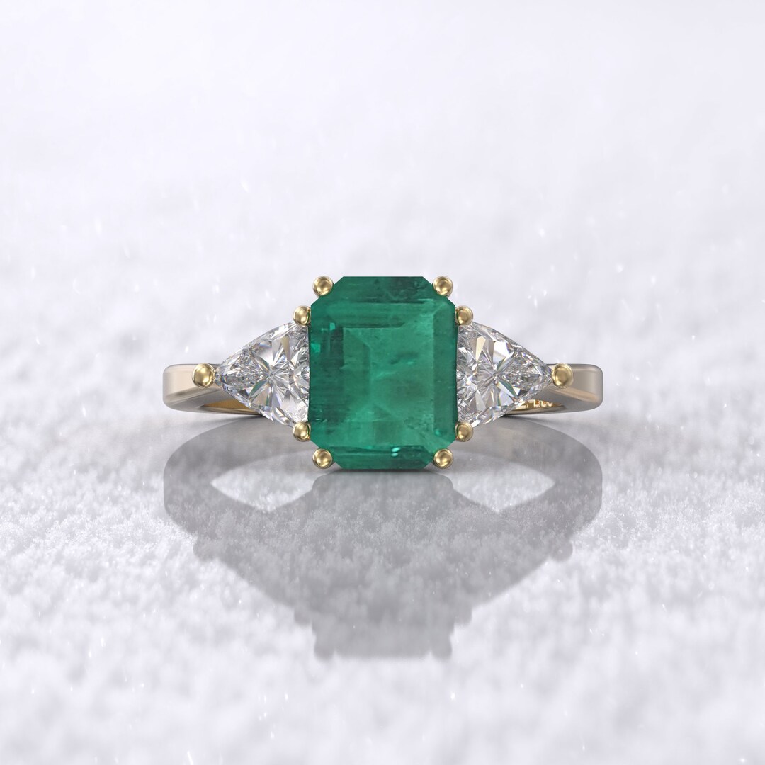 3 Stone Engagement Ring Colombian Emerald Lab Grown 2 Carat Emerald Cut ...