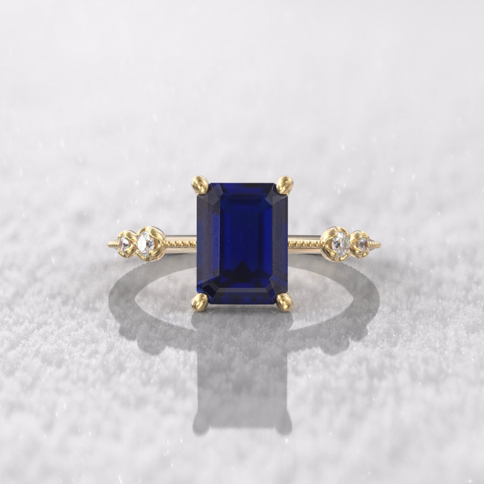 Blue Sapphire Lab Grown 2 Carat Emerald Cut Engagement Ring 8.5x6.5mm