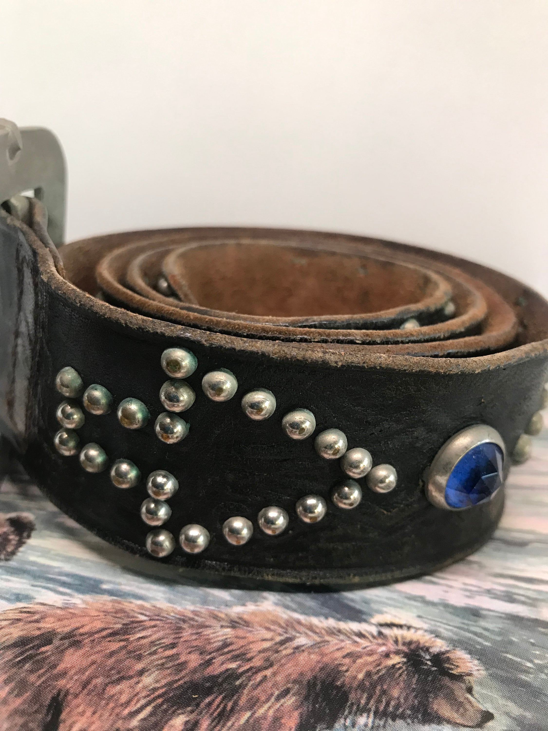 Antique 1920's Studded Western Belt With Jewel Cowboy Buckle