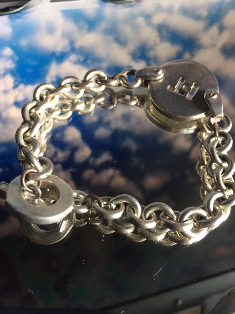 Vintage Tommy Hilfiger SIGNED Dbl Link Silver Color Bracelet w RARE Logo Madallion