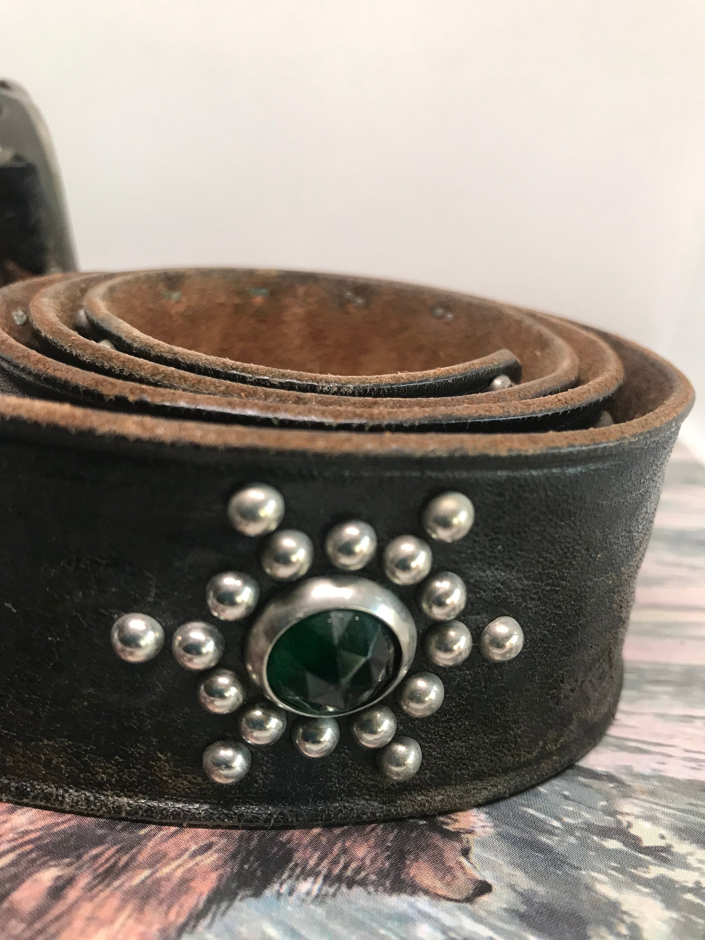 Antique 1920's Studded Western Belt With Jewel Cowboy Buckle Antique 1920's Studded Western Belt With Jewel Cowboy Buckle