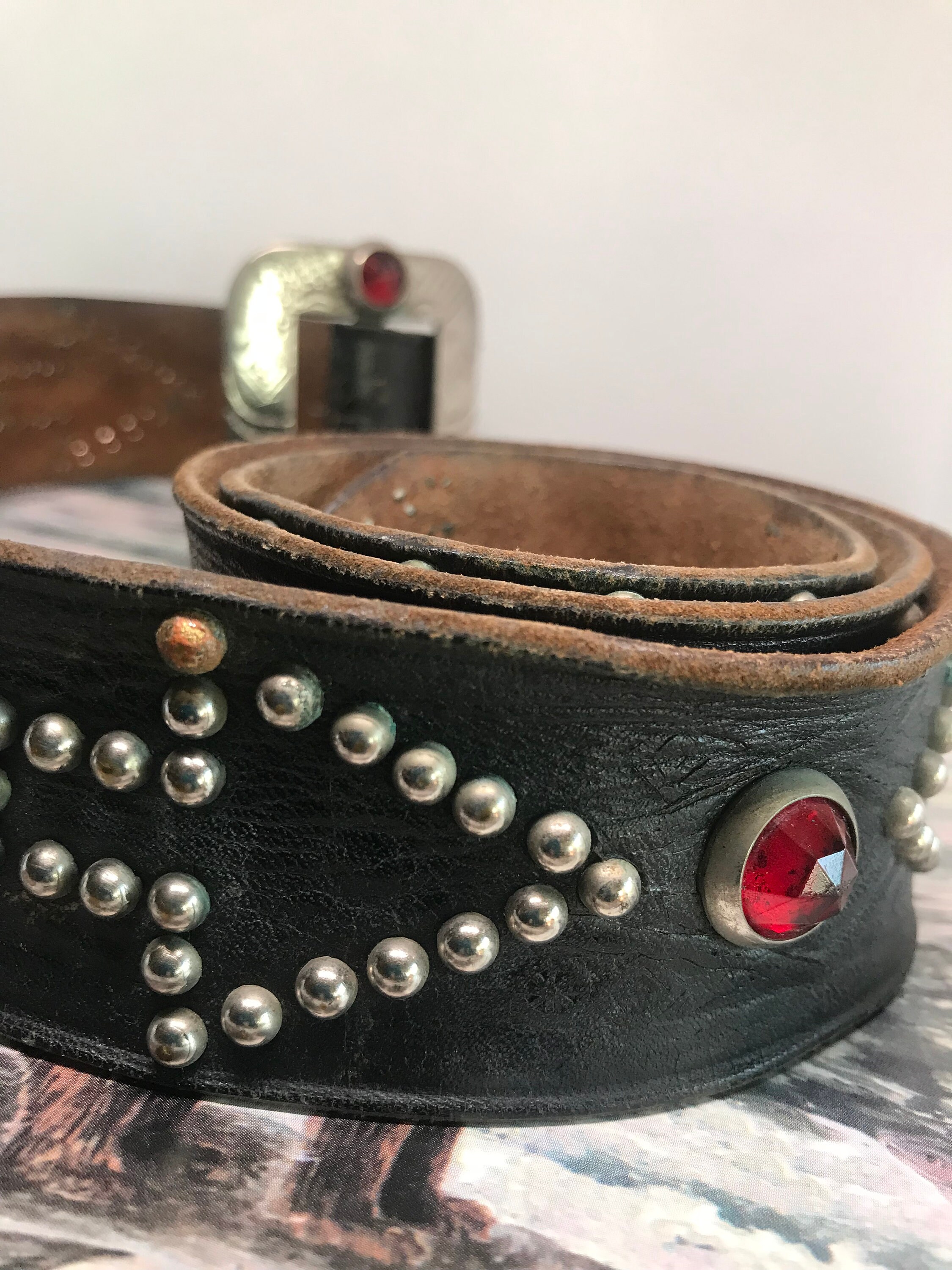 Antique 1920's Studded Western Belt With Jewel Cowboy Buckle