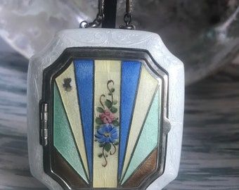 Antikes Art Deco Guilloche Emaille Kompaktes Armband - Handbemaltes Emaille Guilloche Kompaktes mit Armband-Kette