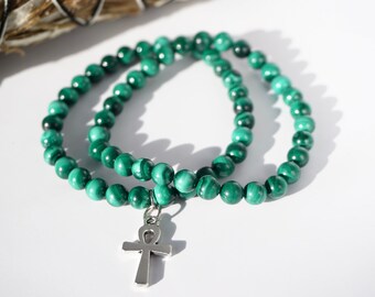 Healing Transformative Malachite Bracelet (with or without Ankh or Feather) - 6 mm - Handmade