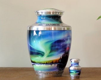 Northern Lights : Cremation Urn for Human Ashes | Handcrafted Aurora Borealis Adult and Keepsake Urn | Auroral Zone Polar Lights Urn