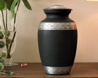 Silver on Black : Cremation Urn for Human Ashes | Handcrafted Engraved | Adult 10.5"