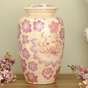 Lilac Cremation Urn for Human Ashes | Cloisonne Style Hand Painted Memorial Urn | White Floral Handcrafted Adult Cremation Urn | Large 10.5"